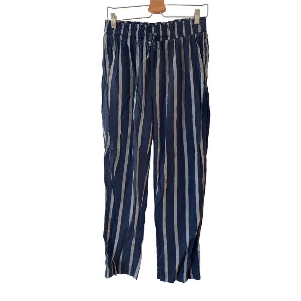 Messini Striped Linen‎ Blend Wide Leg Pants Size L Womens Blue Elastic Waist